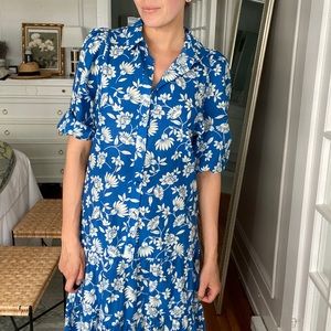 Zara Blue and White Ruffled Print Midi Dress